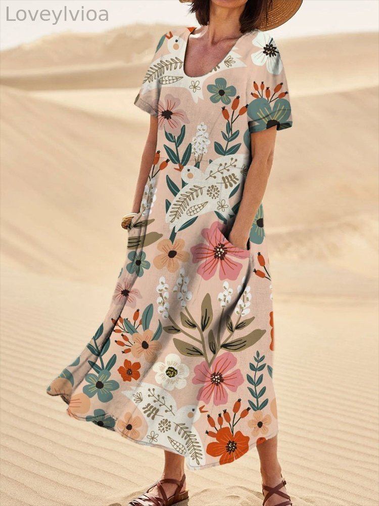 Blooming Spring Floral And Bumble Bee Pattern Printed Women's Linen Pocket Skirt