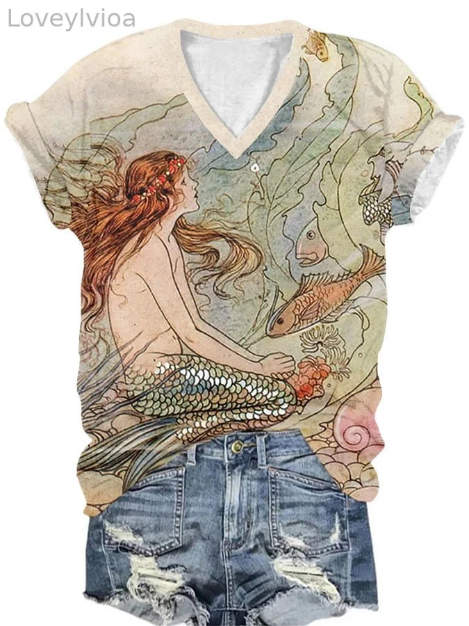 Women's Hawaiian Vintage Mermaid Print V-Neck T-Shirt