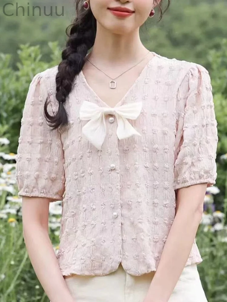 V-neck Short-sleeved Bow Shirt