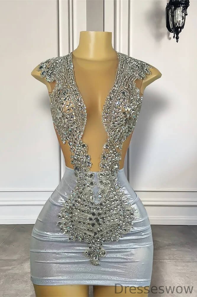 Dresseswow Silver Sleeveless Short Evening Gowns With Beadings On Sale