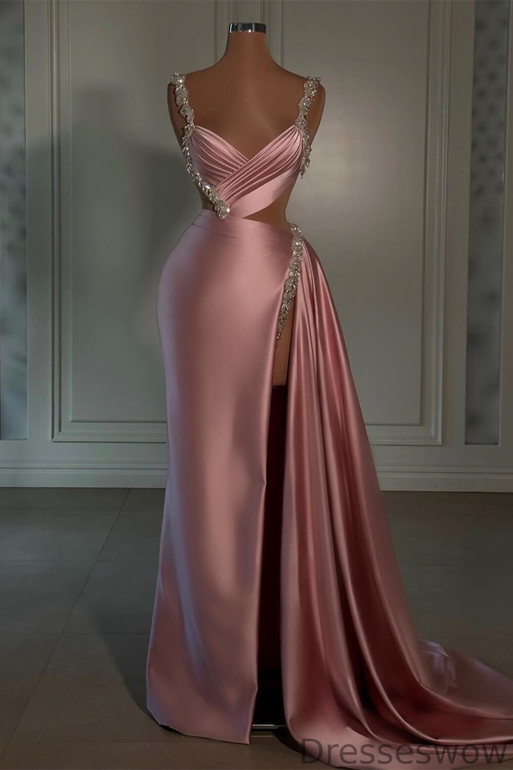 Dresseswow Dusty Pink V-Neck Sleeveless Evening Dresses High Slit Long With Beads