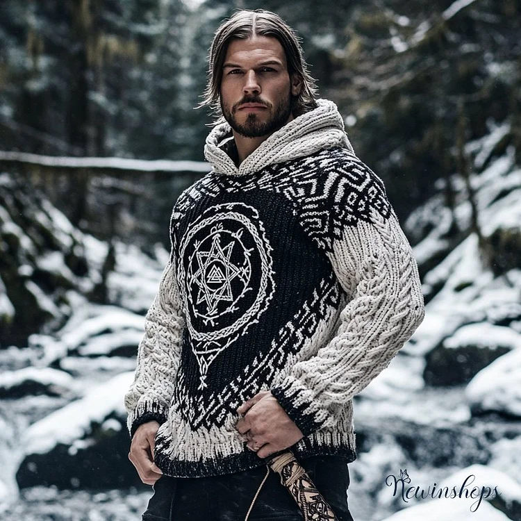Men's Viking Tribal Jacquard Celtic Knotwork Vintage  Rune Inspired Chunky Knit Hooded Sweater