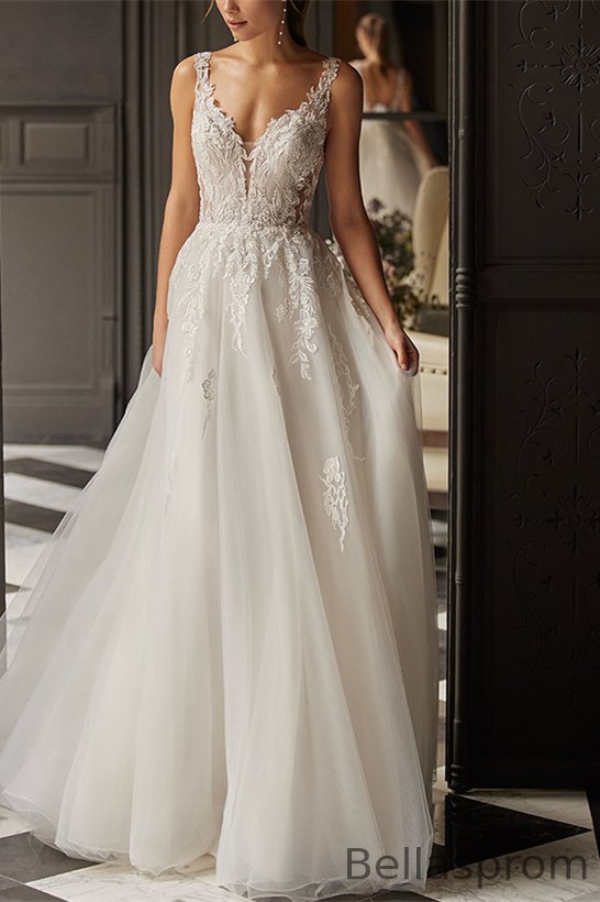 Bellasprom Open Back Sleeveless V-Neck Tulle Wedding Dress With Lace Appliques Bellasprom