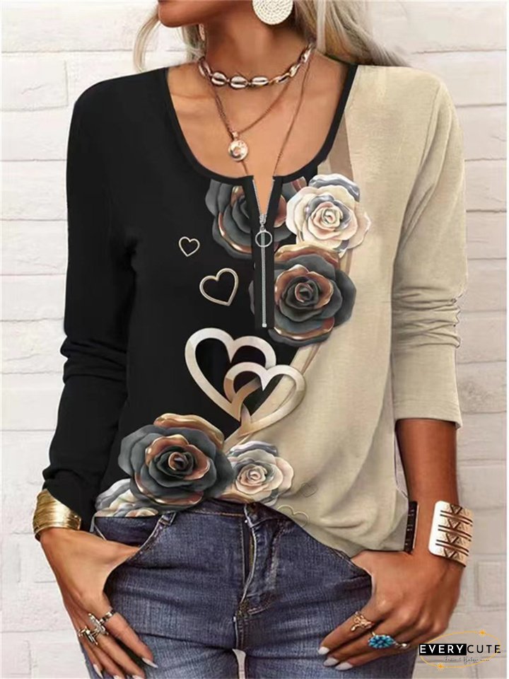 Womens Long Sleeve Zipper Ethnic Fashion T-Shirts Geometric Print Home Casual Neck