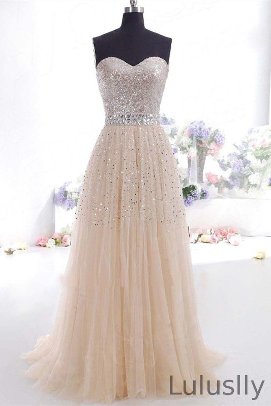 Luluslly Sweetheart Sequins Prom Dress Long Tulle Party Gowns