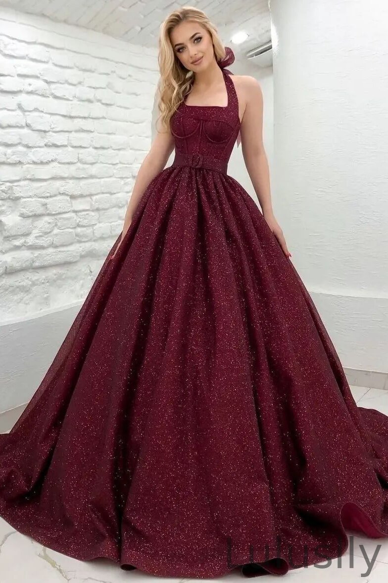 Luluslly Halter Burgundy Shiny Princess Evening Dress Sleeveless Backless