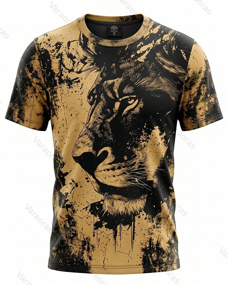 Men's Fashionable Viking Contrast Color Lions Print Wash T-shirt 3627