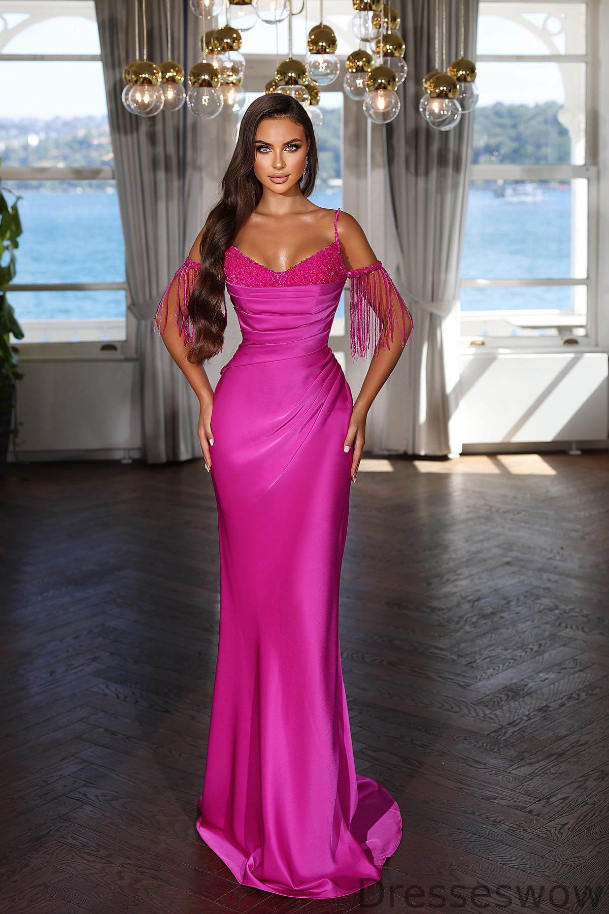 Dresseswow Hot Pink Long Mermaid Evening Dress Spaghetti-STraps With Sequins Tassels