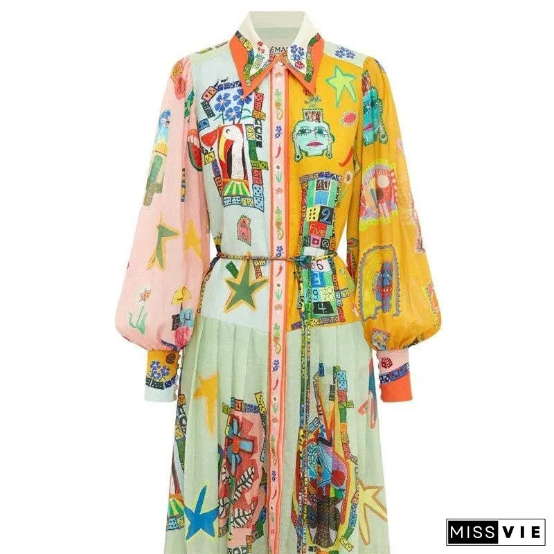 Floral Print Long Sleeve Tie-Waist Swing Dress