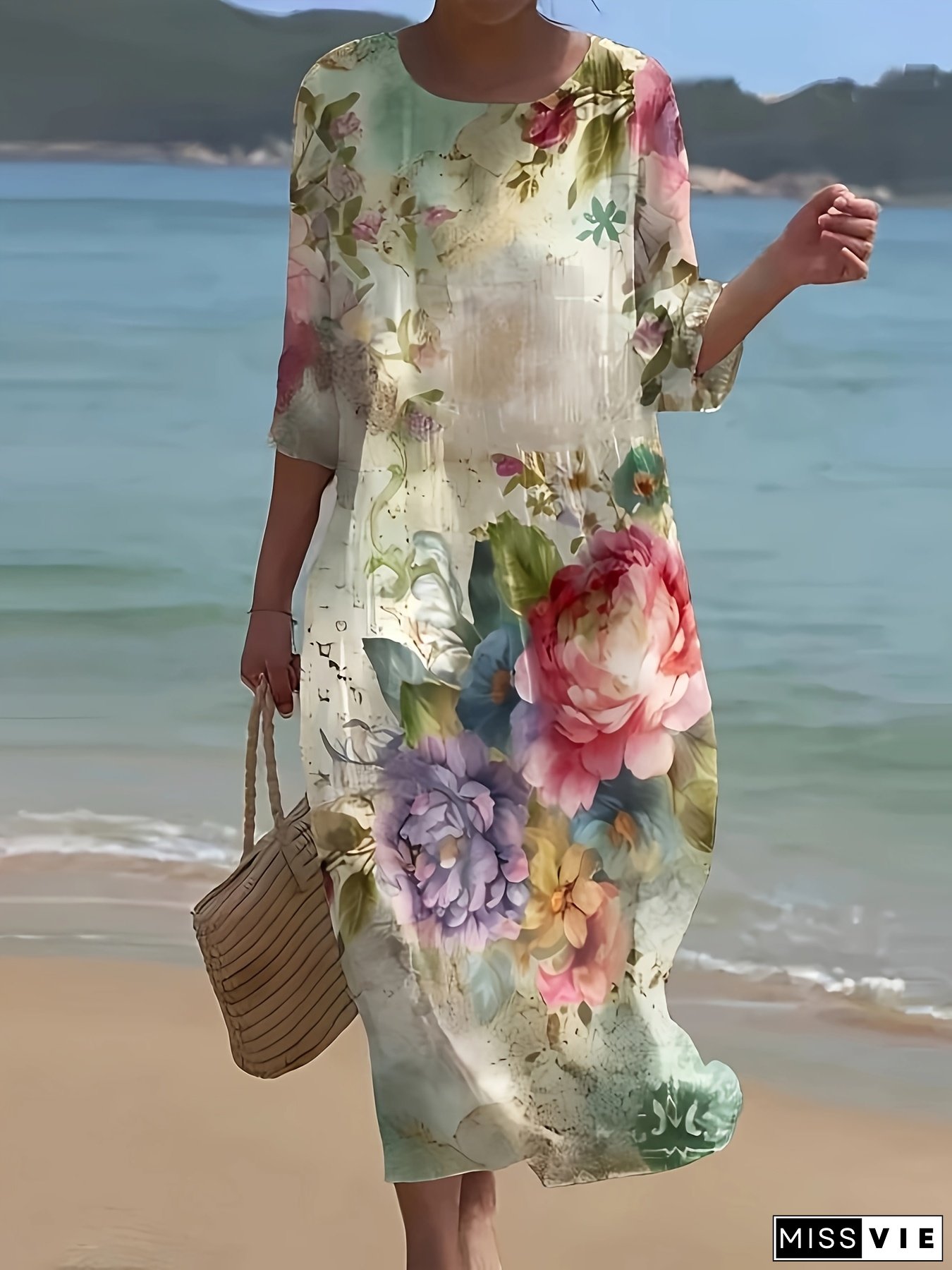 [Polyester Floral Print Tunic] Polyester Floral Print Tunic Dress - Women's Casual Crew Neck Long Sleeve Loose Fit - Three Quarter Length, Spring/Summer/Fall Fashion, Non-Stretch Pullover for Weekend Casual Occasions