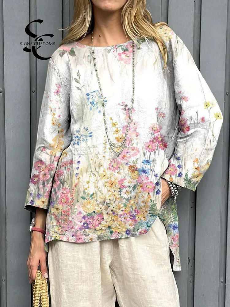 Women's Vintage Floral Art Print Casual Cotton Linen Shirt