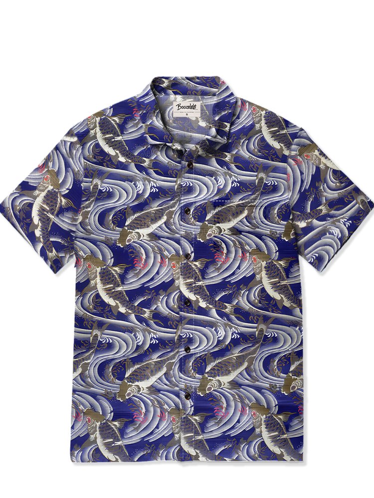 Ukiyoe Waves And Koi Fish - Slub Linen Shirt