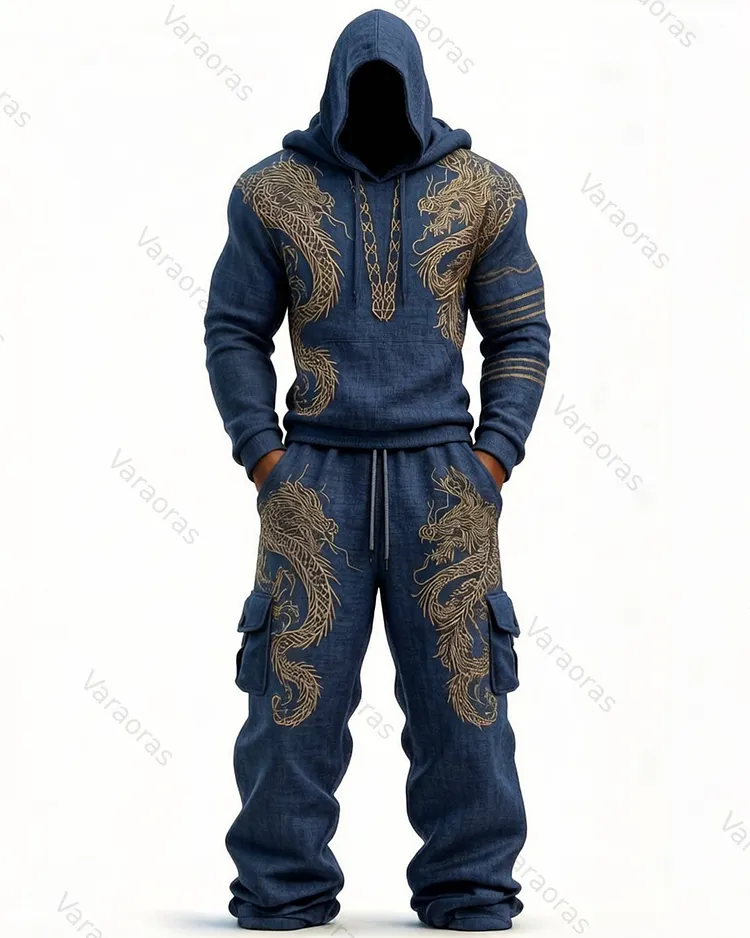 Men's Fashion Viking Contrast Color Embroidered Hoodie & Pants Two-Piece Set 8651
