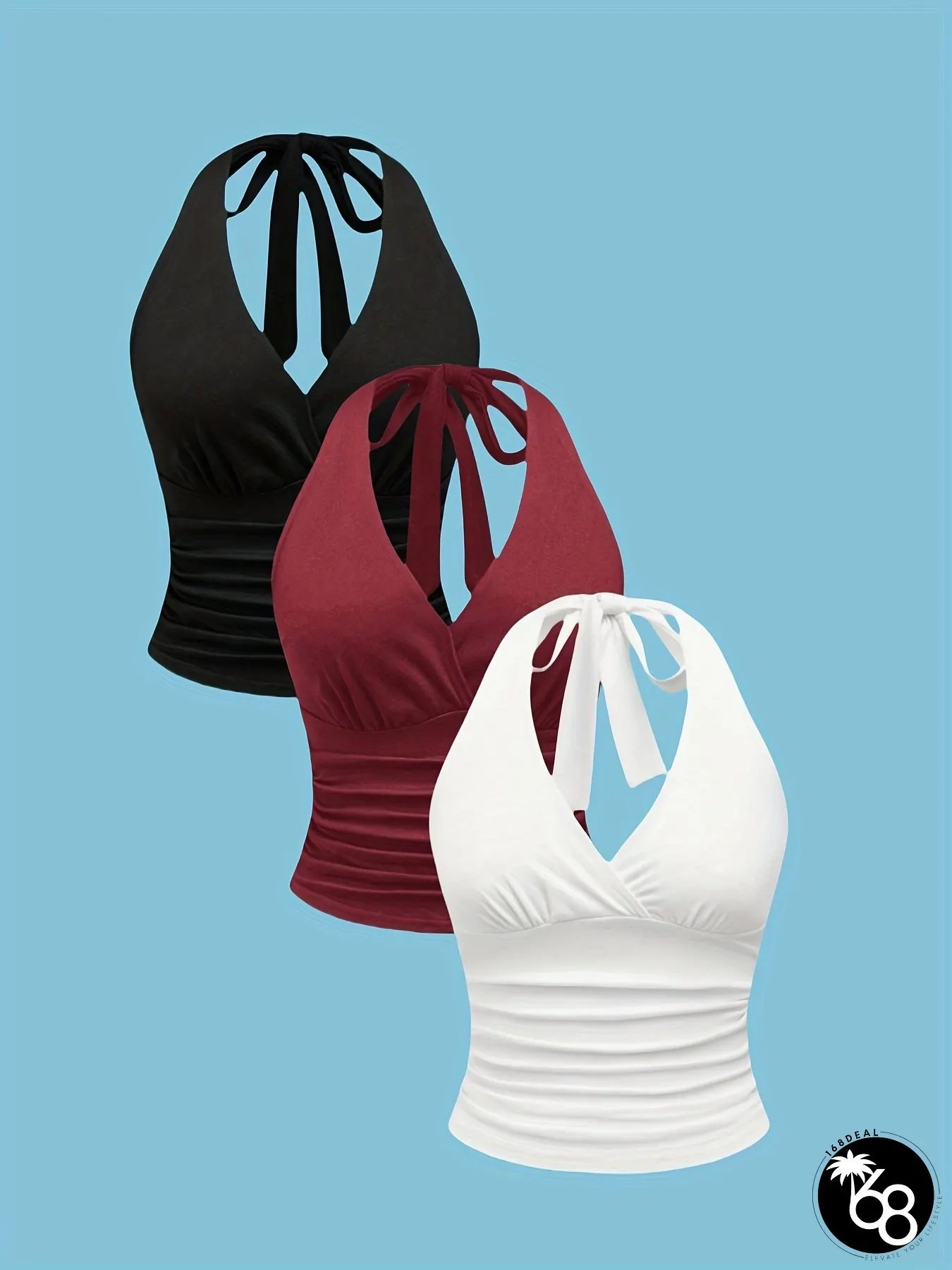 3pcs Womens Stretchy V-Neck Tops Backless Tie-Up Design Sleeveless Crop Black Burgundy | 168DEAL