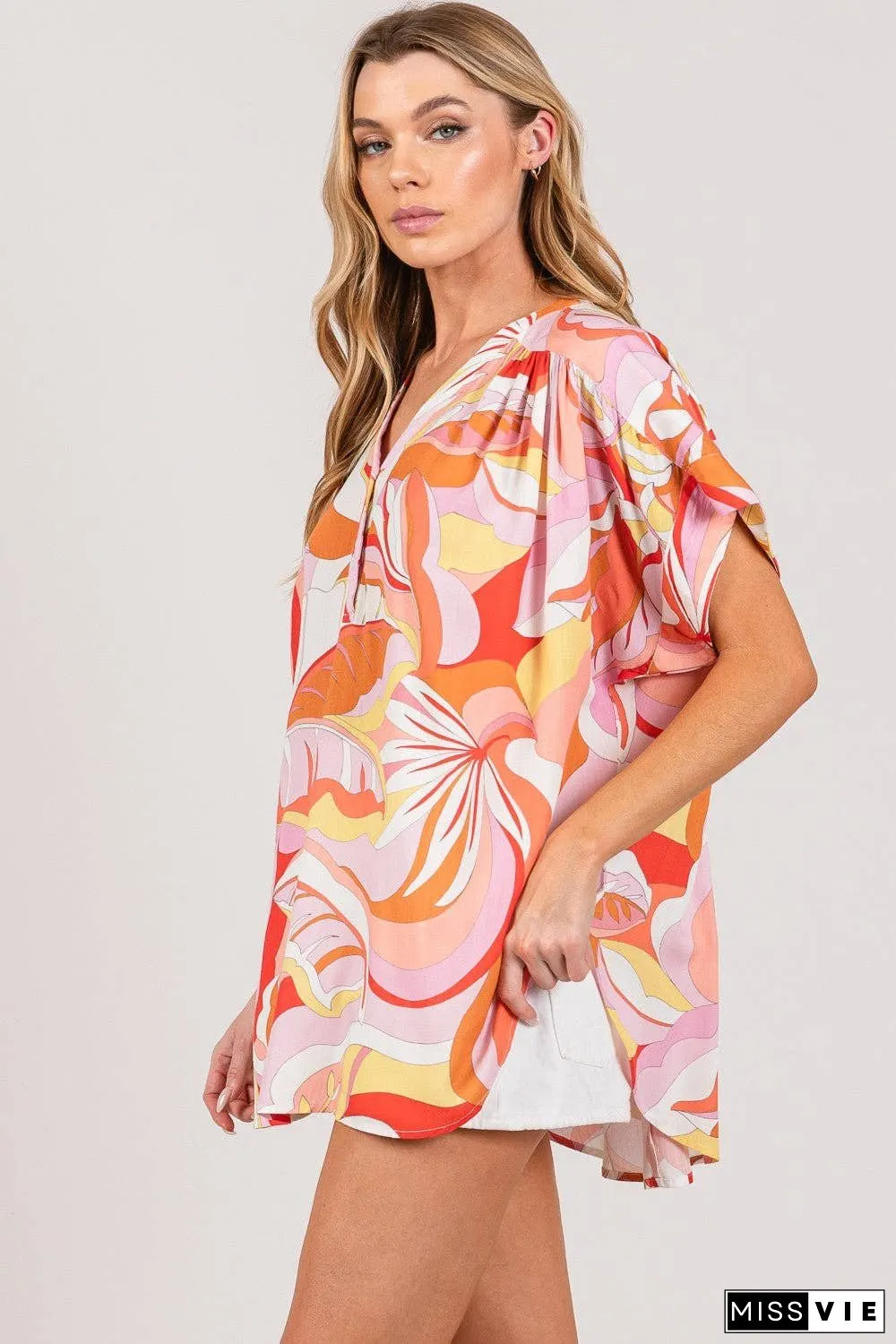 SAGE + FIG Abstract Print Half Button Blouse