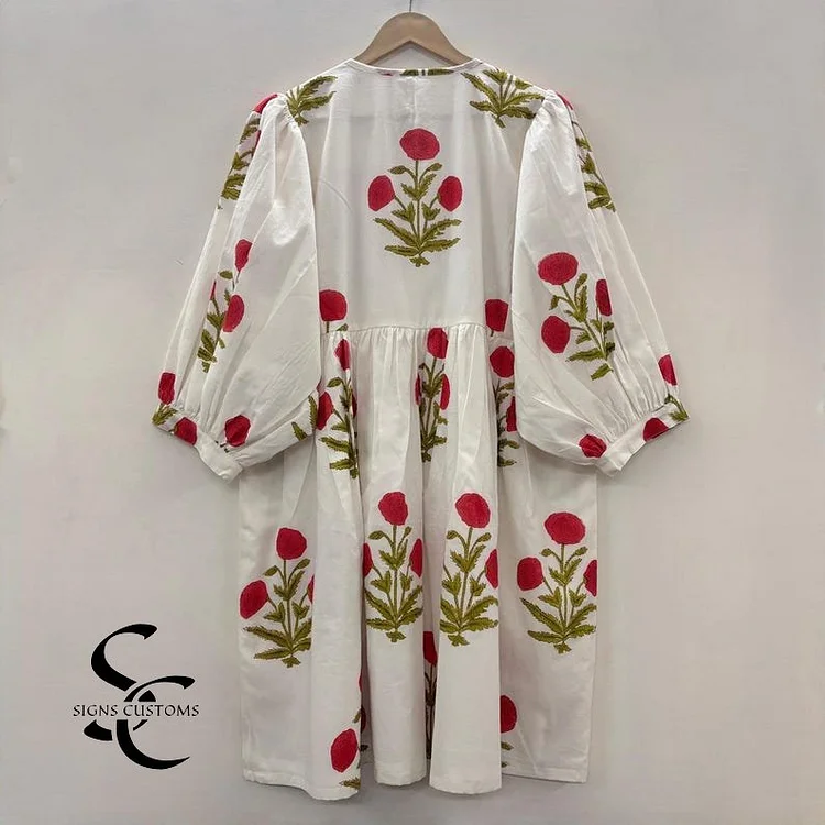 Yellow Floral Block Print Woman Midi Dress &ndash; Soft Cotton Summer Tunic for Women with String Closure