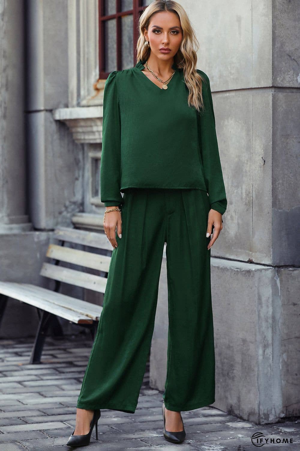 V-Neck Long Sleeve Top and Wide Leg Pants Set | IFYHOME