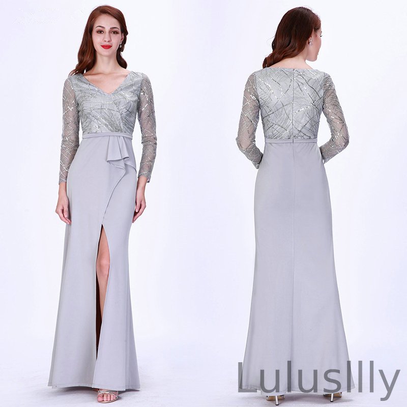 Silver Grey V-Neck Sequins Long Sleeve Evening Prom Dress With Split - lulusllly