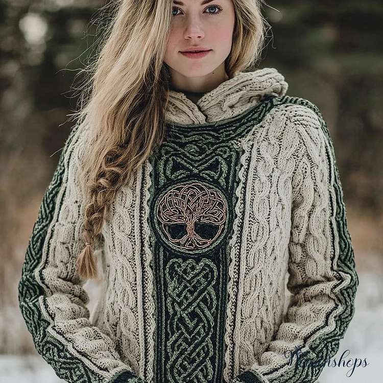 Vintage Tree Of Life Viking Inspired Comfy Knit Hooded Sweater