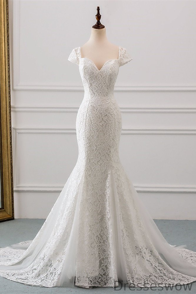 Dresseswow Sweetheart Lace Long Mermaid Wedding Dresses Cap Sleeves