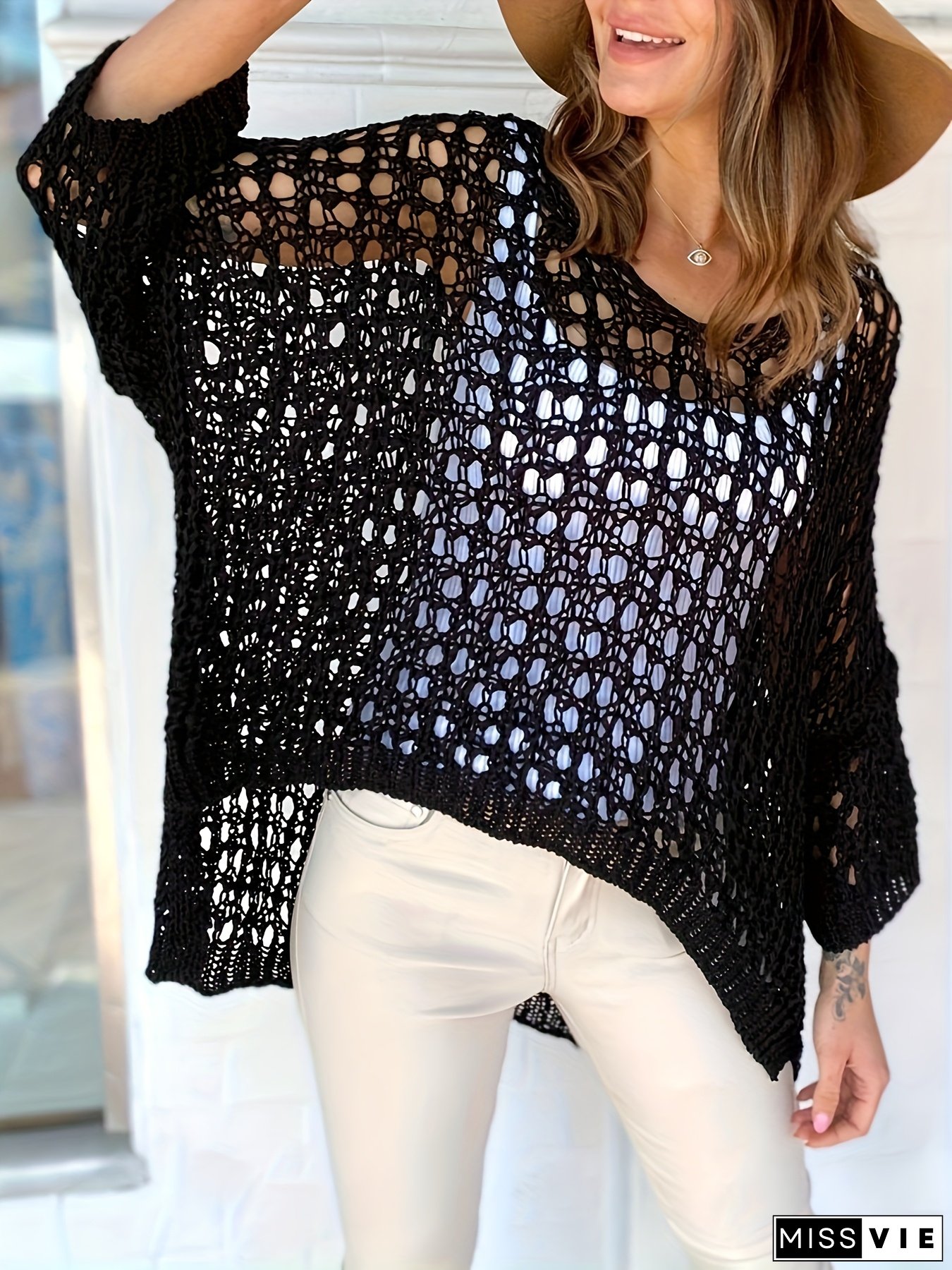 [Bohemian Cover-Up] Breathable Bohemian Women's Lace Batwing Cover-Up | Drop Shoulder Short Front & Long Back Sleeves, Solid Color Casual Chic Resort Wear, Beach Dresses For Vacation, Poolside Coverup, Crochet Coverup, Lightweight Coverup