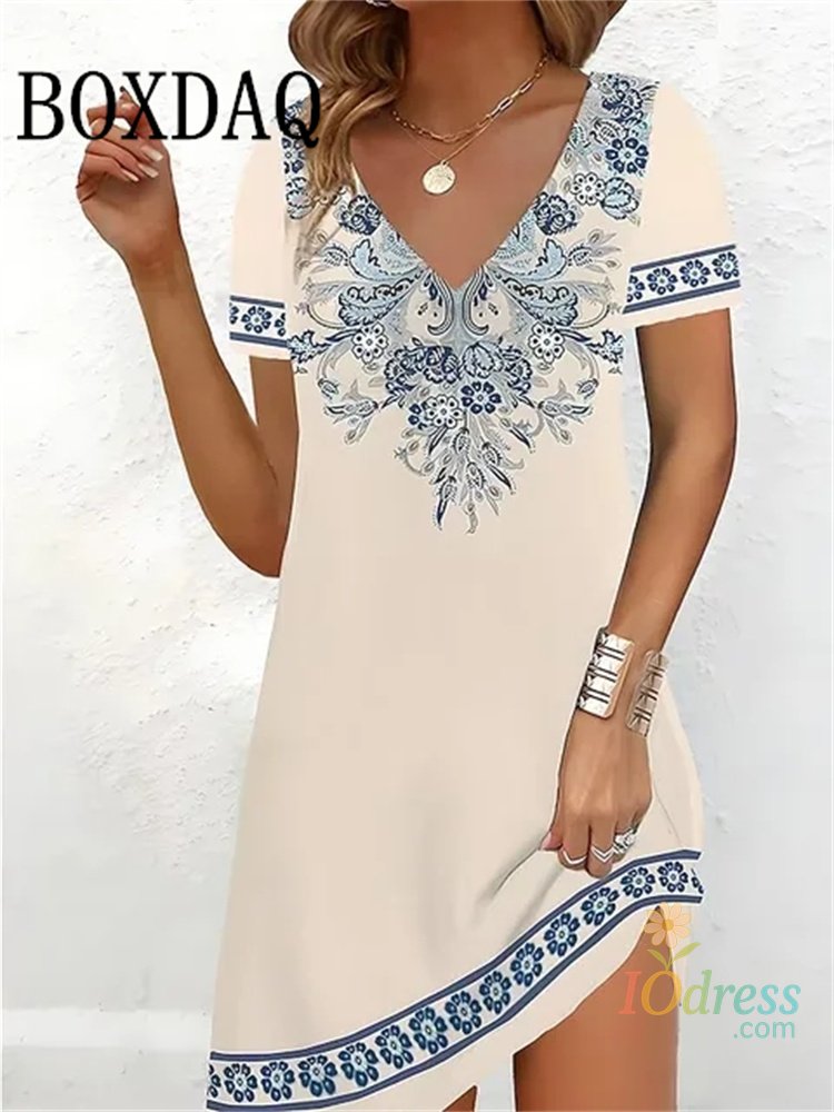 IO Dress 2023 Fashion Plus-Size Dress Casual Loose V-Neck Ladies Summer Print Party Women's New Summer Pullover Short Sleeve Dress IO Dress