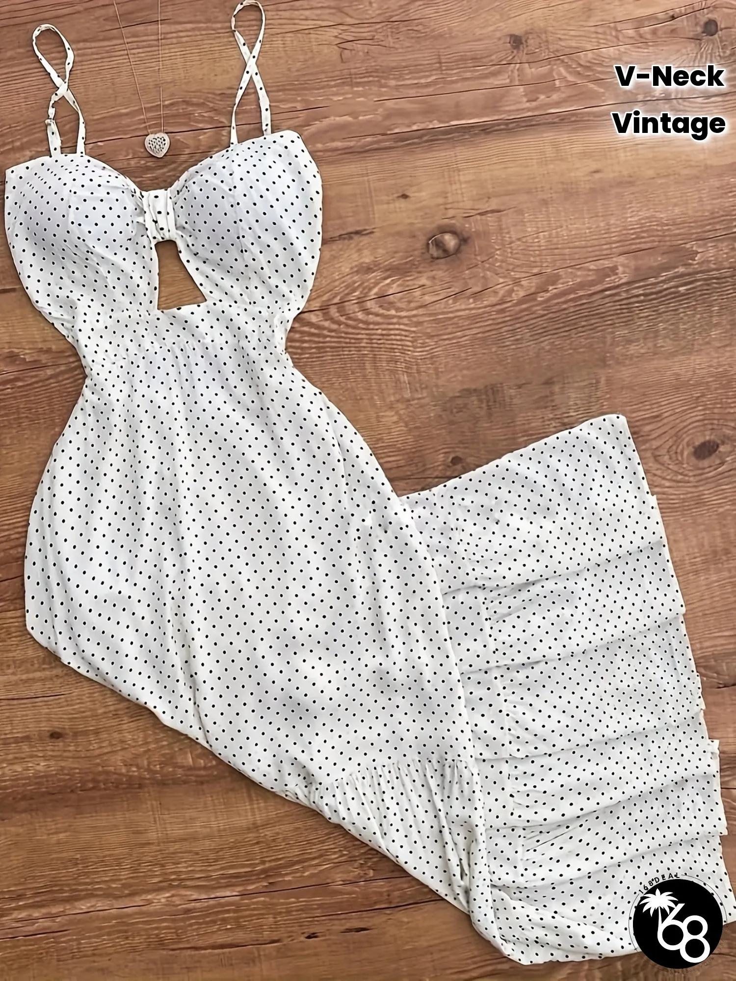 Womens Vintage Polka Dot Maxi Dress White V-Neck Sleeveless Bodycon With Ruched Detail | 168DEAL