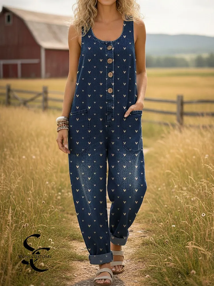 Women's Little Heart Print Casual Denim Jumpsuit
