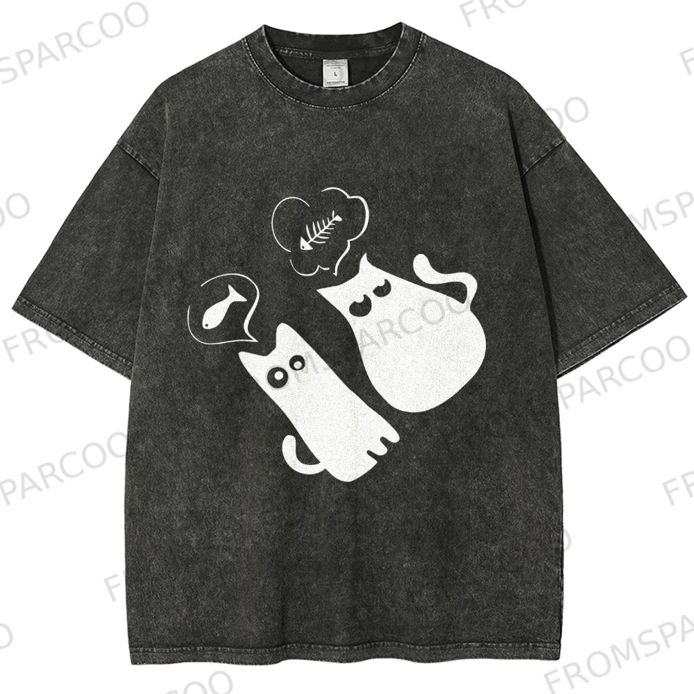 Cute Cat Washed Vintage Short Sleeves T-Shirt