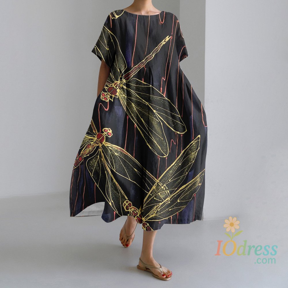 IO Dress Summer Vintage Ethnic Totem Printed Dress Oversized Casual Loose Vacation Dress Temperament Short Sleeve Commuter Dresses IO Dress