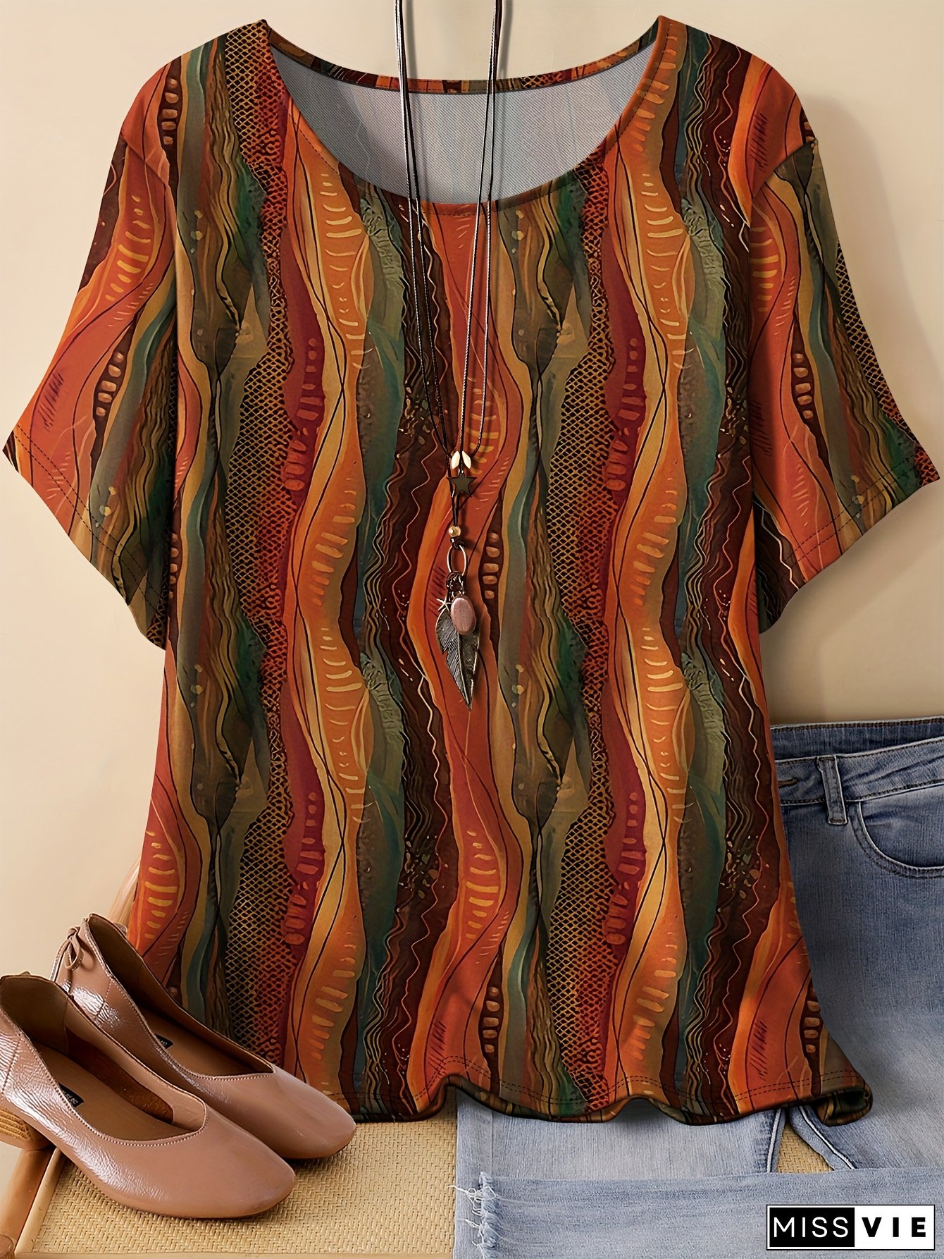 Plus Size - Vibrant Retro-Inspired Geometric Print T-Shirt for Women - Casual Crew Neck, Short Sleeve, Stretchy & Comfortable, Perfect for Spring & Summer, Plus Size, No Accessories Included, Plus Size Shirts