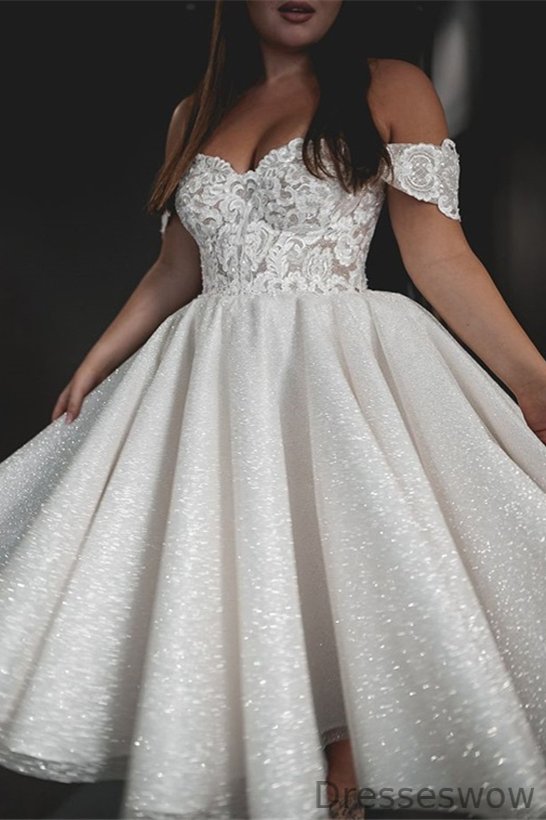 Dresseswow Off-the-Shoulder Short Wedding Dress Sequins With Appliques Lace-up
