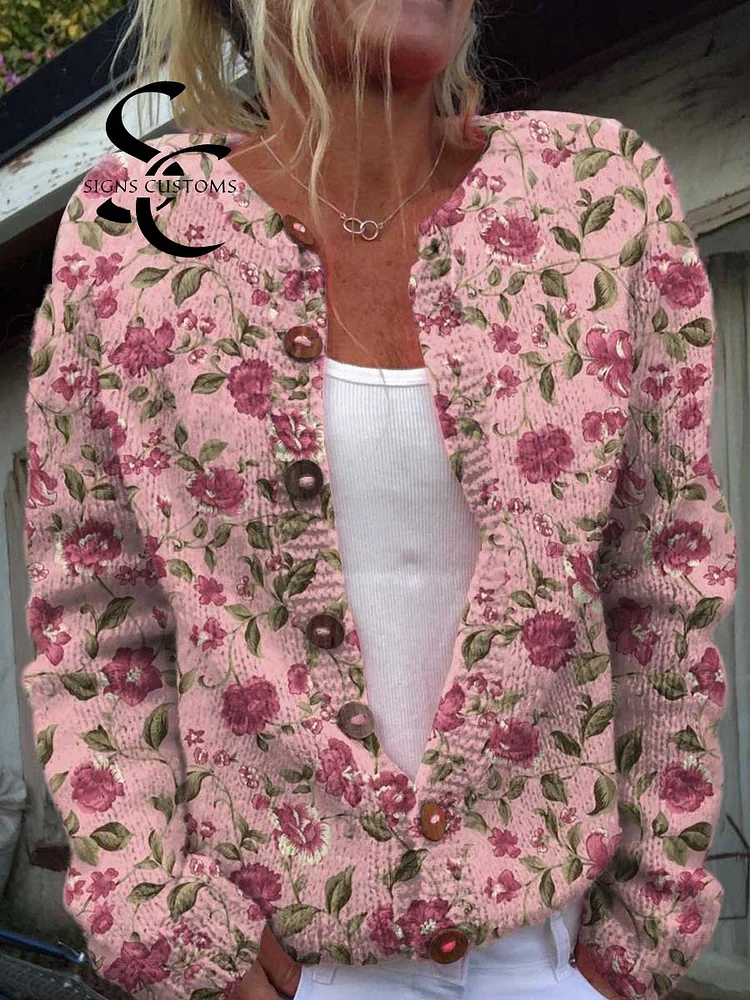 Women's Vintage Pink Art Floral Print Buttoned Cardigan Sweater