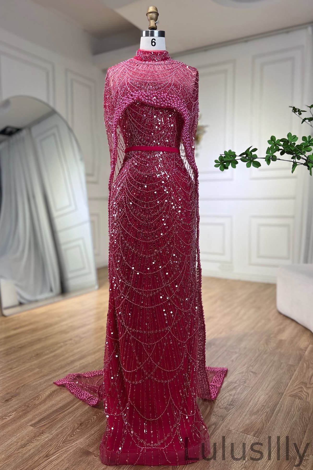 Luxury Fuchsia High Neck Mermaid Evening Dress With Sequins Pearls Cape - lulusllly