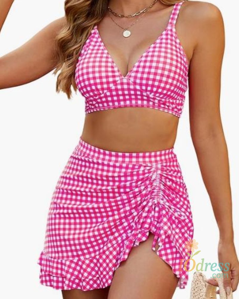 IO Dress Yiiciovy 2 Piece Bikini Women Swimsuits Plaid Sleeveless Padded Bra High Waist Drawstring Sarongs Skirts Beach Bathing Suit Set