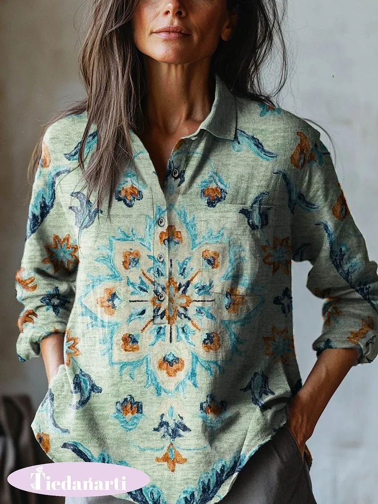 Women's Vintage Lovely Floral Art Print Casual Cotton And Linen Shirt
