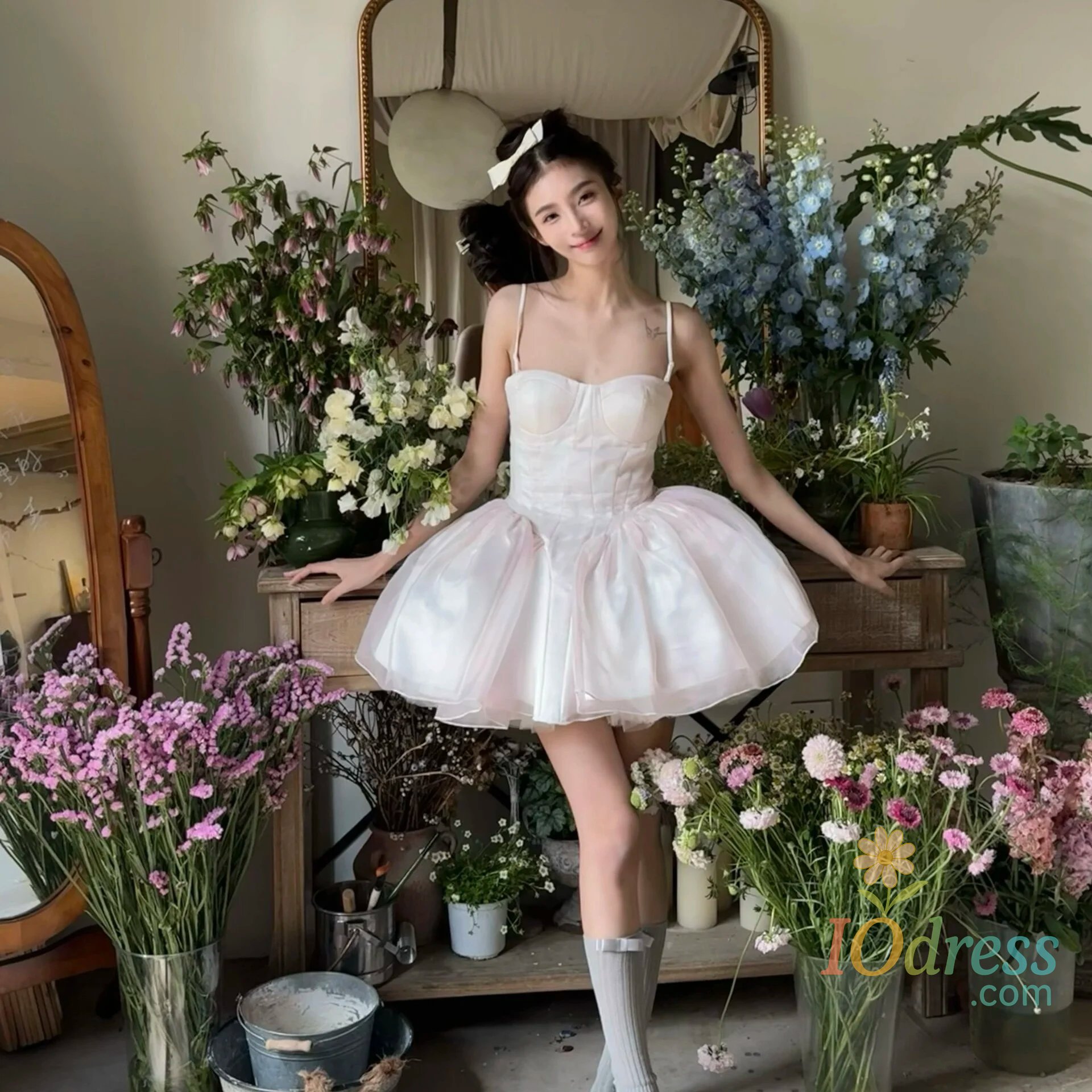 IO Dress French Style Flower Wedding Dress Lolita Sweet Girl Women Fairy Tube Top Sling Dress with Long Cardigan Birthday Princess Dress