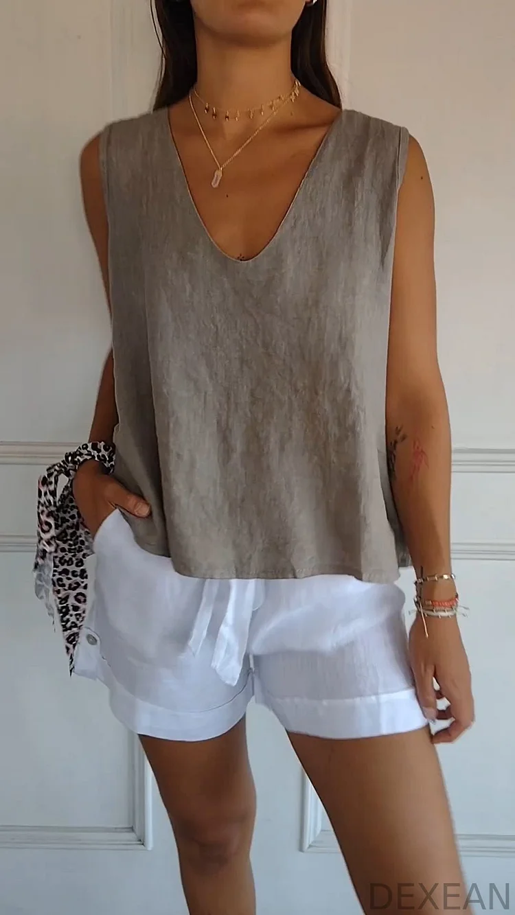 Cotton and Linen Vest with Back Strap Design
