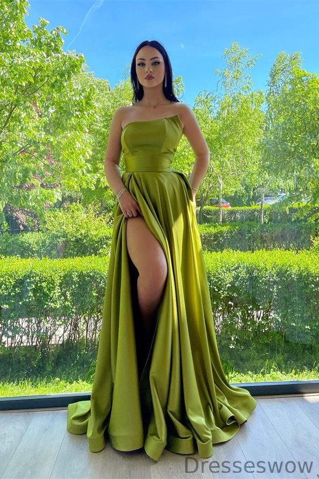 Dresseswow Green Strapless Long Prom Dress With Slit