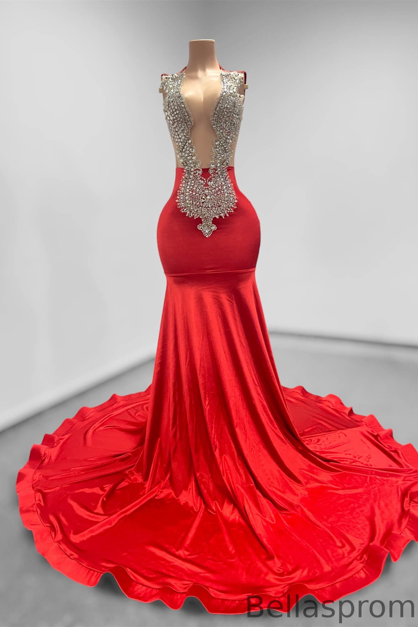 Bellasprom Red Scoop Sleeveless Mermaid Prom Dress Long With Beadings Crystals Bellasprom