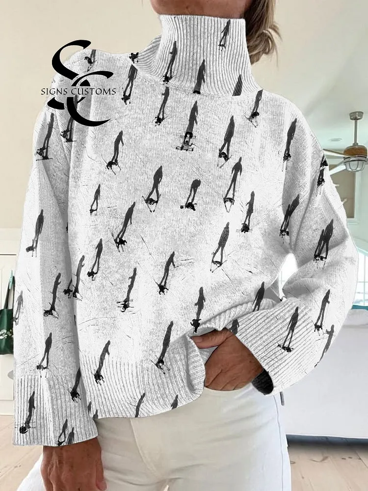 Ski  Art Print Knit Turtleneck Pullover Sweater