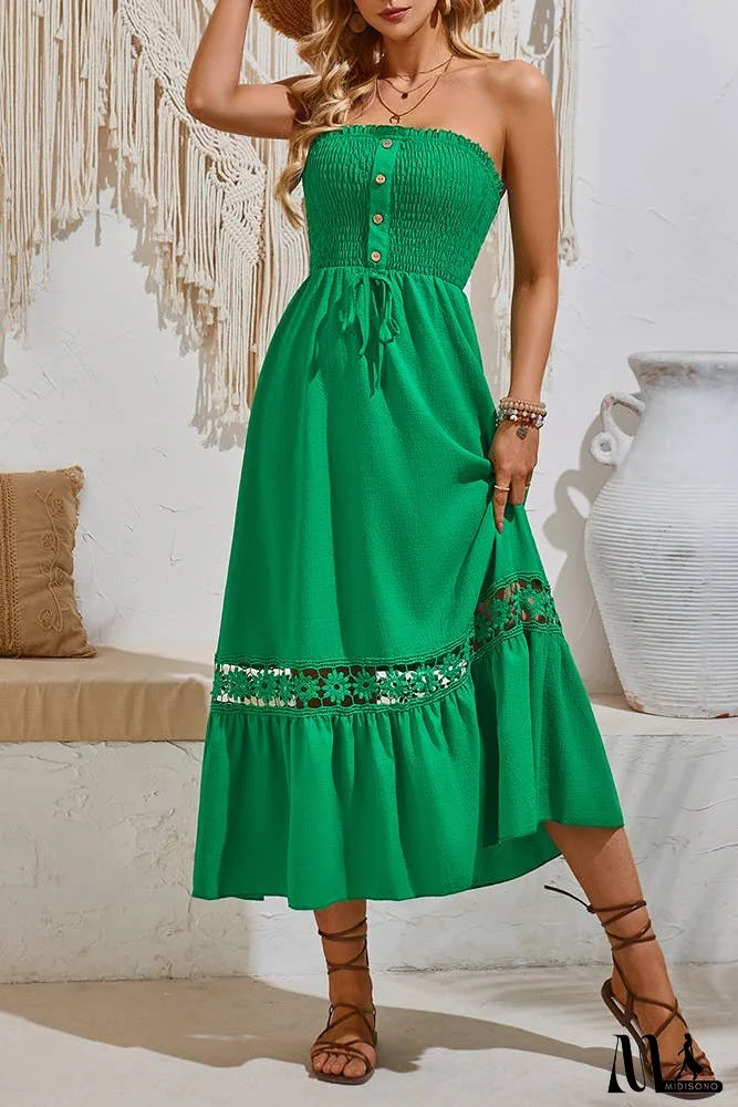 Spring Plain Strapless Smocked Buttoned Maxi Dress SN355