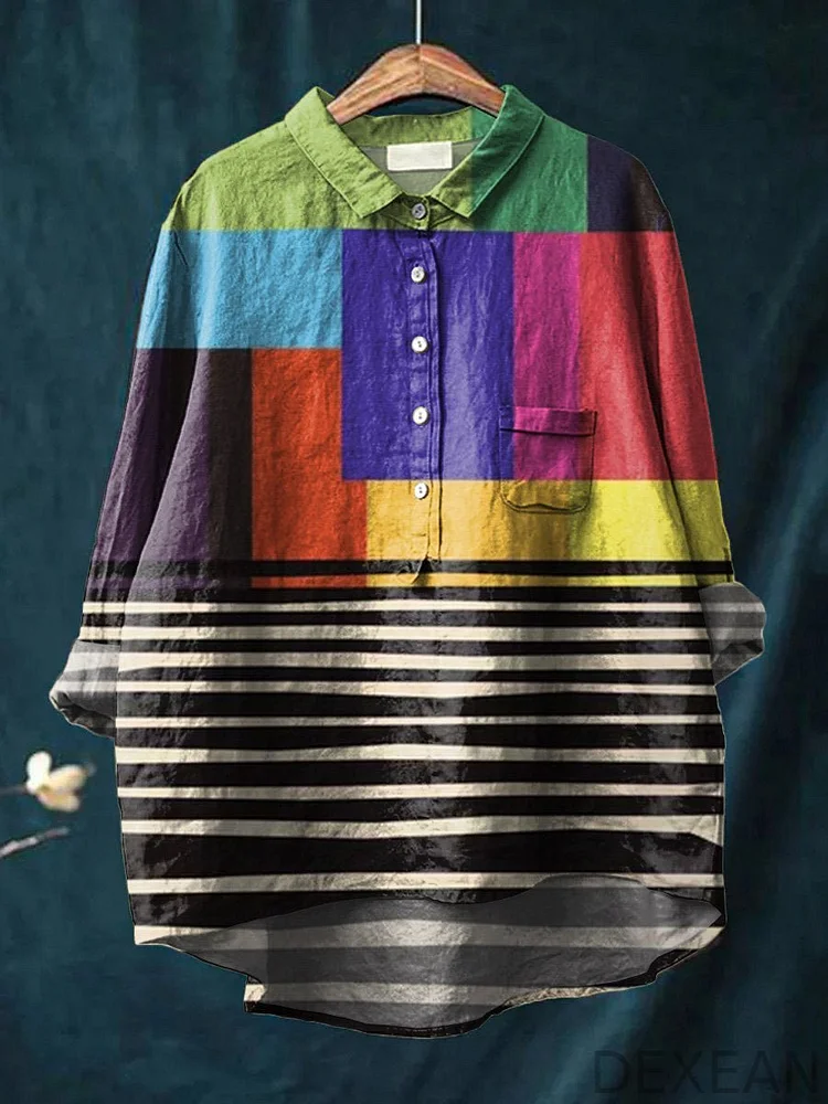 Women's Abstract Print Art Casual Cotton And Linen Shirt