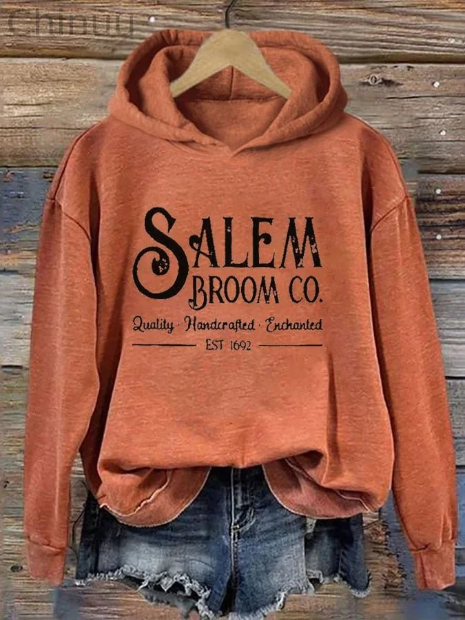 Women's Salem Broom Co Quality Handcrafted Enchanted Est 1692 Printed Hoodie 