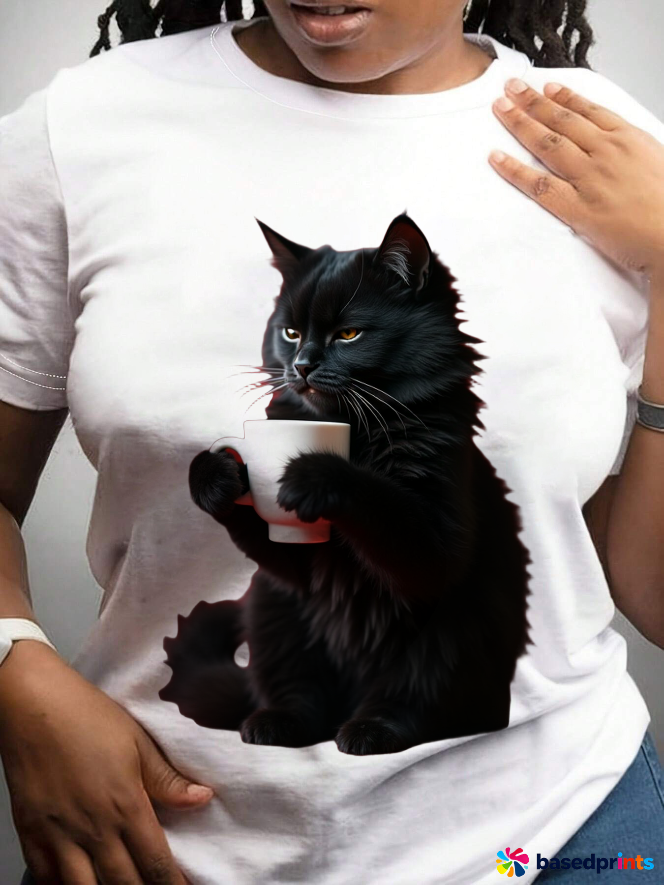 Black Cat Holding Mug T-Shirt - Cotton Casual Wear - Unisex - White