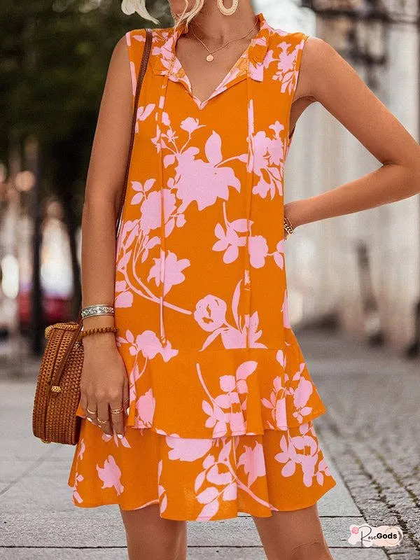 High Waisted Falbala Print Solid Split-Joint Tied Tiered V-Neck Mini Dress