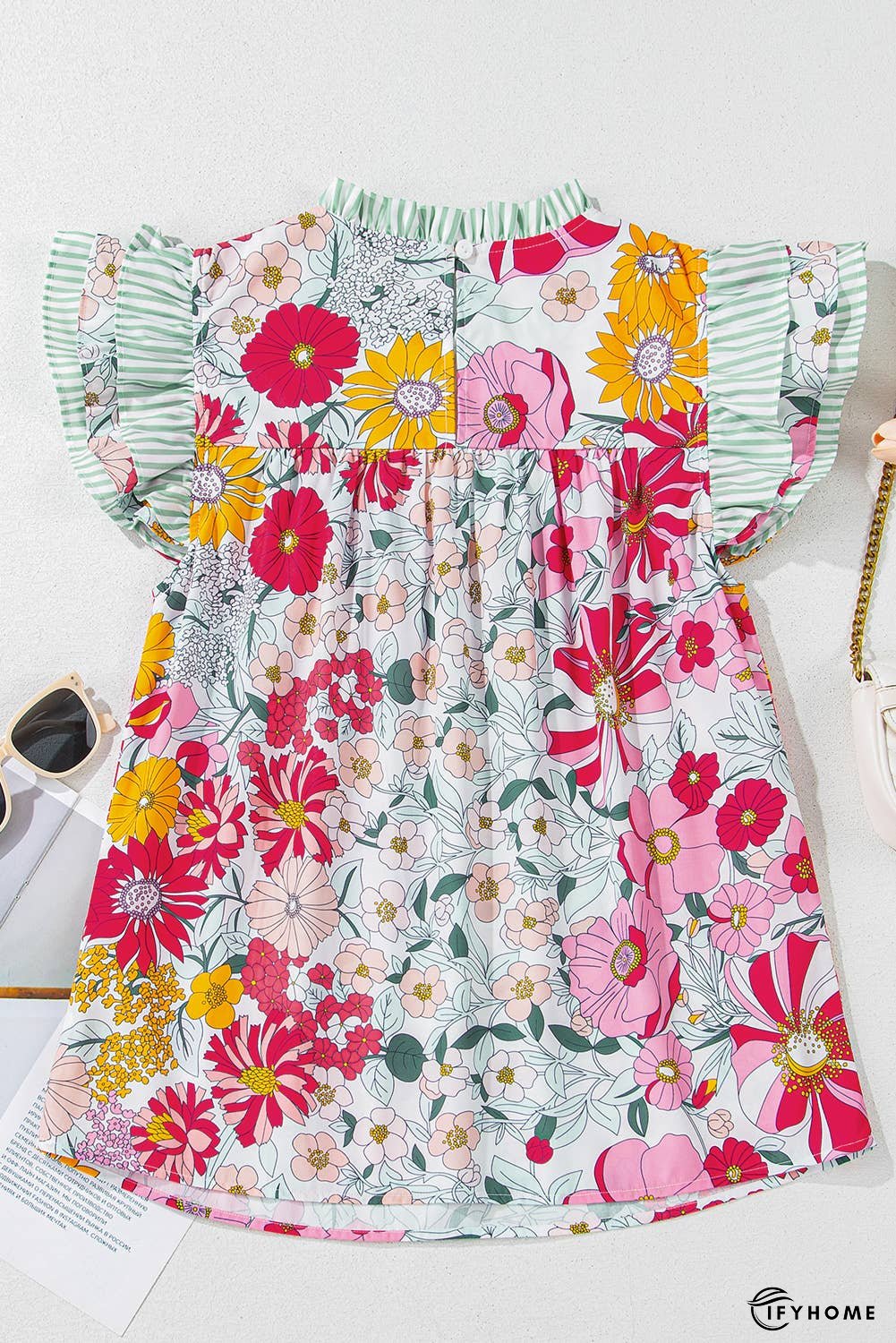 Floral Print Contrast Ruffle Trim Short Sleeve Blouse | IFYHOME