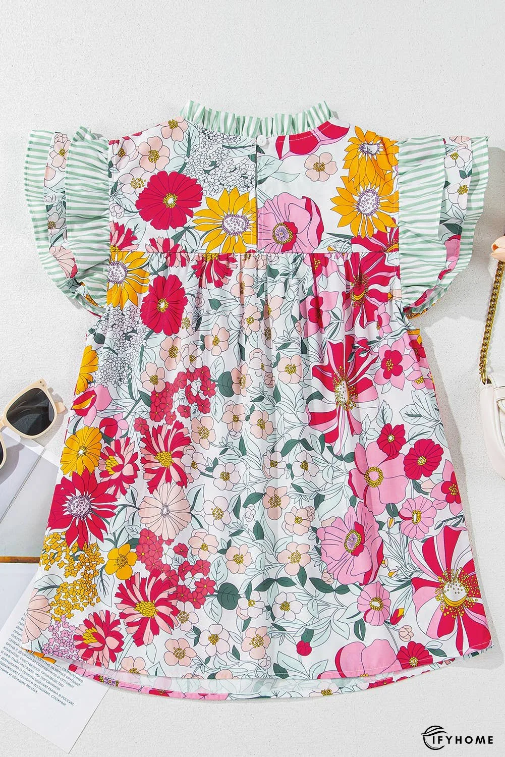 Floral Print Contrast Ruffle Trim Short Sleeve Blouse | IFYHOME