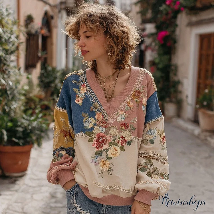 Women's Retro Floral Stitching Warm V-neck Sweatshirt