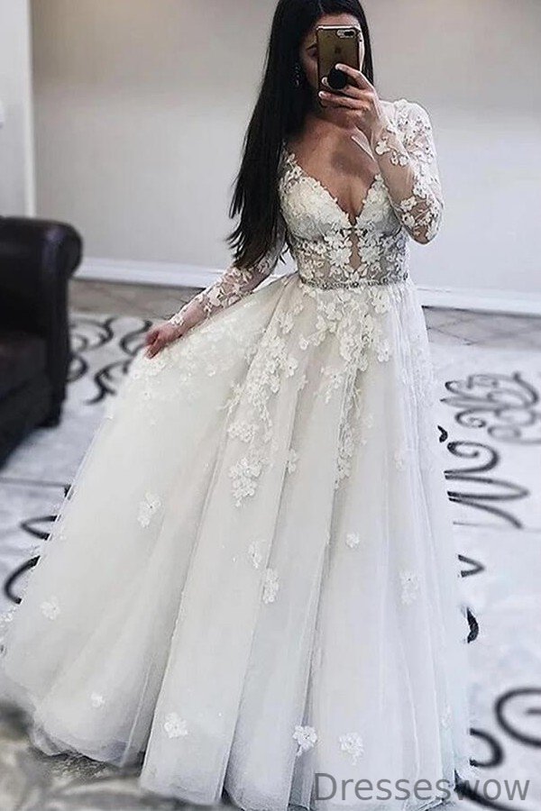 Dresseswow Deep V-Neck Long Sleeve Wedding Dresses With Lace Appliques Long